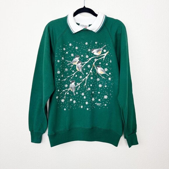 Vintage Morning Sun Womens Medium Green Winter Snow Birds Collard Sweatshirt - Picture 1 of 12